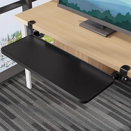 パンチ不要のスライド式キーボードトレイ デスク下収納用|60cm幅・20cm奥行|最大24cm引き出し|高耐荷重・静音滑動設計 (ブラック)