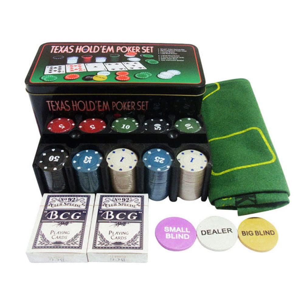 ONE BEST DEAL 200 Piece Texas Hold'em Poker Set with Table Cloth Laser Casino Chips & Gambling Playing Cards Poker Dice Decks Party Game for Family & Friends