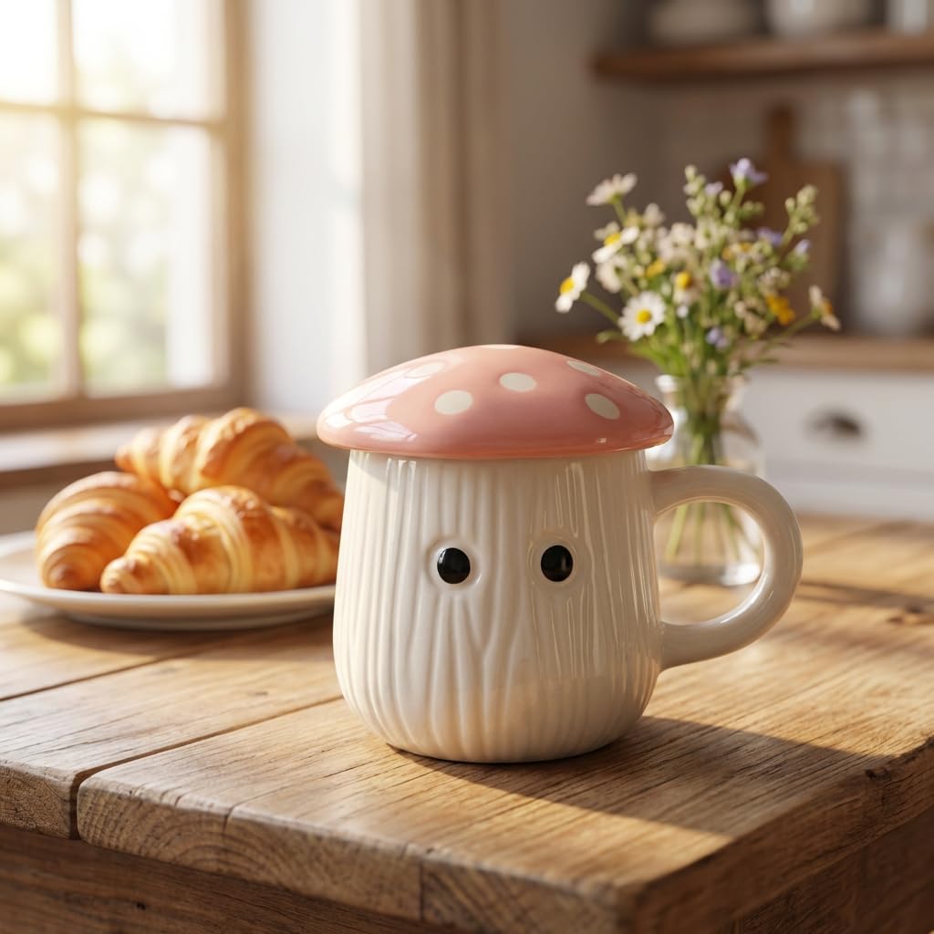 Kalaa By N Pink Mushroom Ceramic Mug with Lid 300ml | Handmade Coffee Tea Cup with Polka Dot Lid | Microwave Dishwasher Safe | Valentine Gift for Her Him | Home Decor Kitchen Dining India