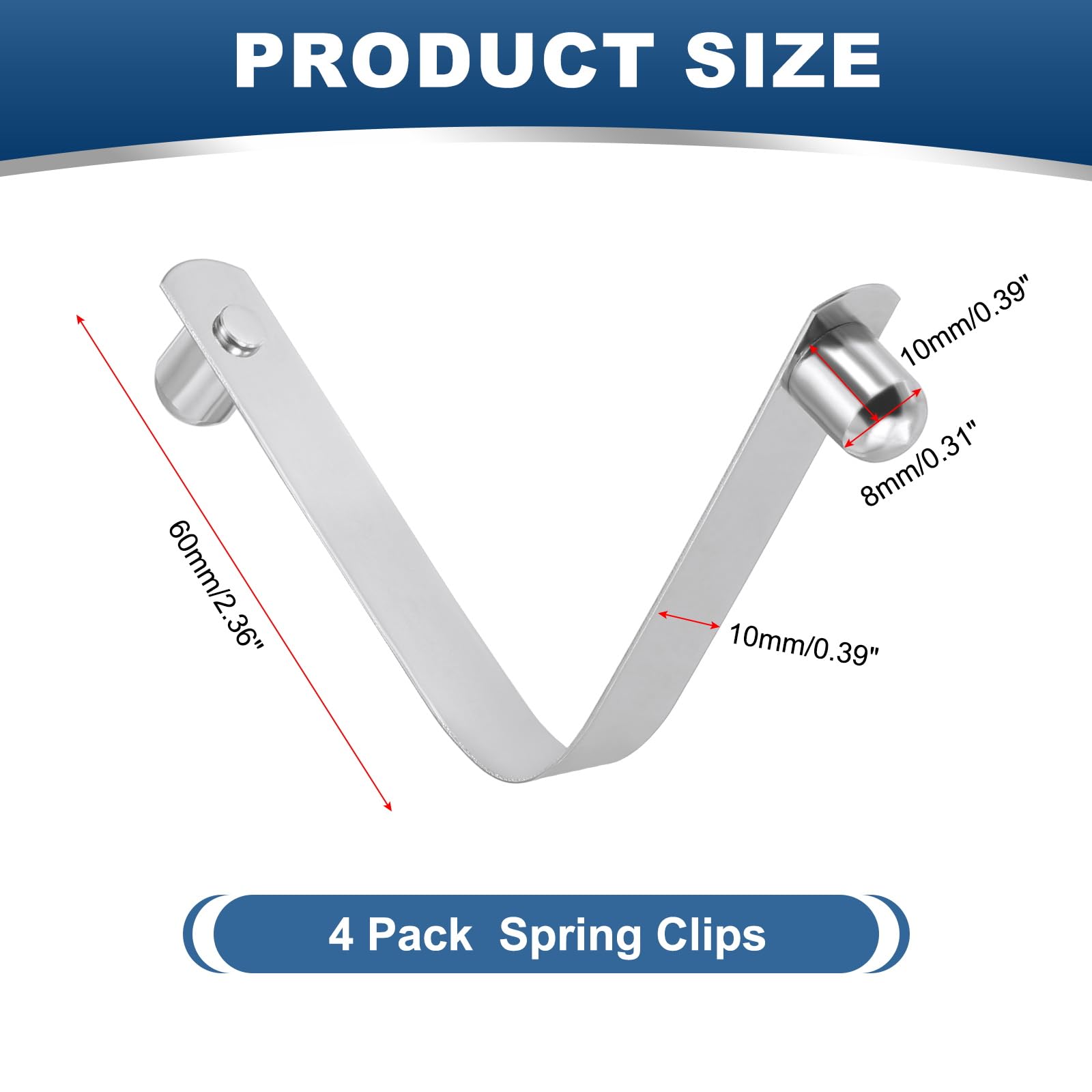 PATIKIL 10 x 8mm Kayak Paddle Snaps, 4 Pack Solid Tent Pole Clips Steel V Shaped Single Pin Push Button Spring Clips Lock Tube Pole Clips for Camping Awning, Silver Tone, 60mm Long