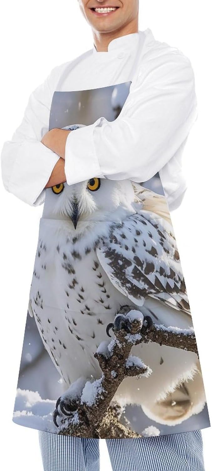 Winter White Owl Apron for Cooking Kitchen Chef Aprons with Pockets Unisex Professional Adjustable Bib Aprons Restaurant Waterdrop Resistant Apron for Men Women Waiter