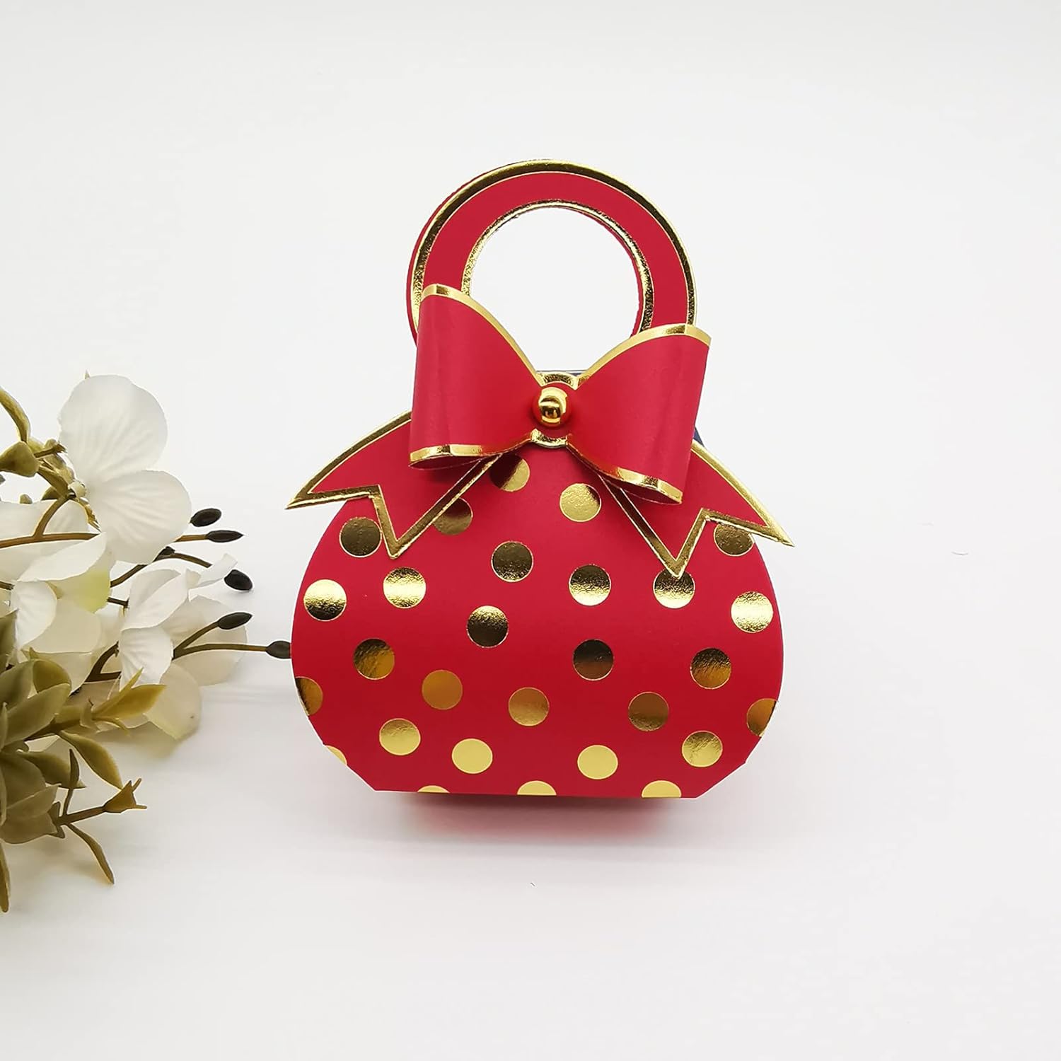 50pcs Red and Gold Bowknot Handbag with Gold Foil Dot Wedding Favor boxes Candy Box with Bow with handle for Wedding Birthday Favor Bridal Shower Baby Shower Party Favor - Image 3