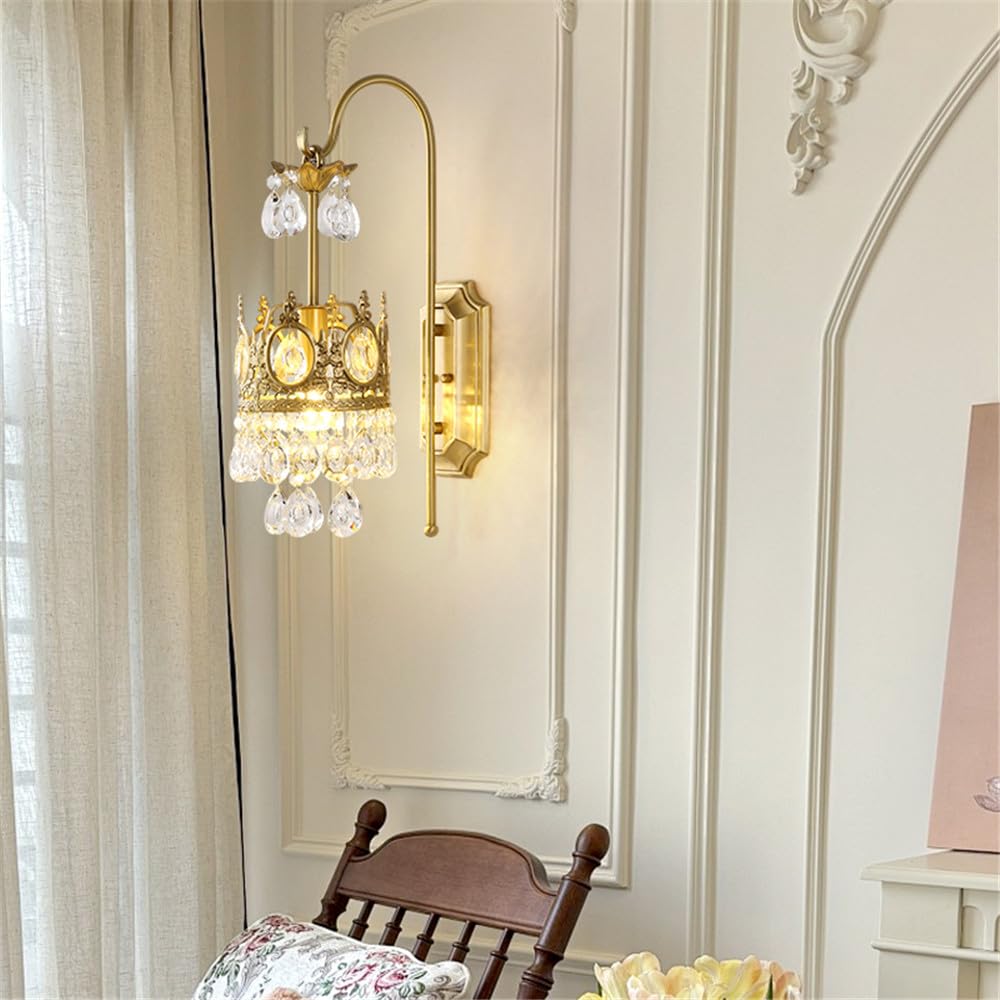 HYJAUSXB Brass Crystal Wall Lamp, LED Light for Living Room, Bedroom, Bedside, Villa, Hotel, Study, Aisle, Corridor