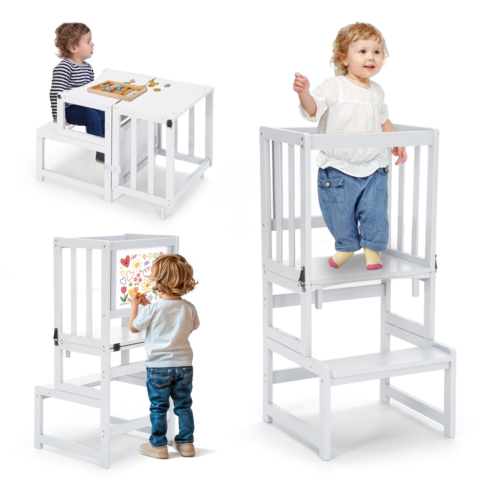 COSYLAND 3-In-1 Toddler Kitchen Stool Helper – Convertible Standing Tower With Whiteboard for Kids – Children's Bathroom Kitchen Counter Helper – Mothers' Helper Tower Learning Stool (White)