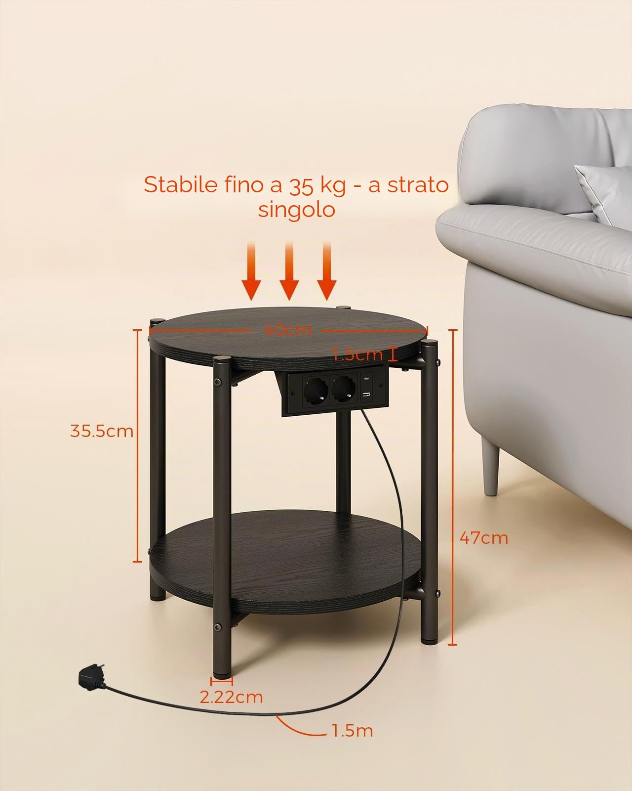 IRONCK Tavolino, Tavolino Rotondo con Multipresa, piccolo tavolino da divano, Tavolino Salotto 2 Ripiani, porta USB e tipo C, Comodino per camera da letto Balcone Patio (Nero, 1 pezzo)
