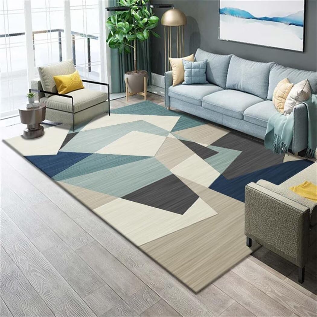 Tapis de salon lavable et antidérapant géométrique gris-bleu pour éviter les glissades