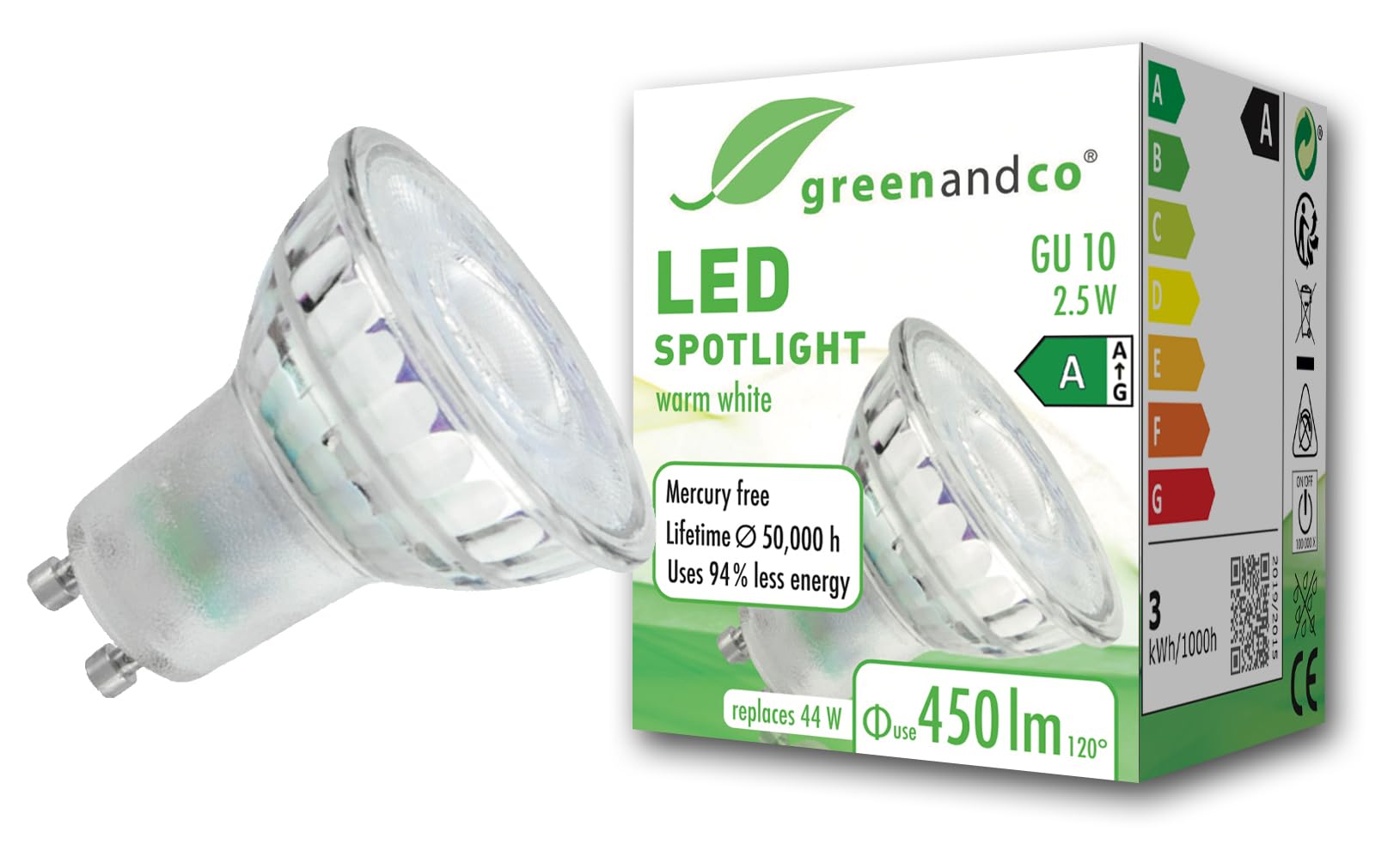 greenandco GU10 | Replaces 44W | Warm White 3000K | 2.5W 450lm | 100° | Flicker-Free | Energy Efficiency Class A | 230V LED Spot | Not Dimmable