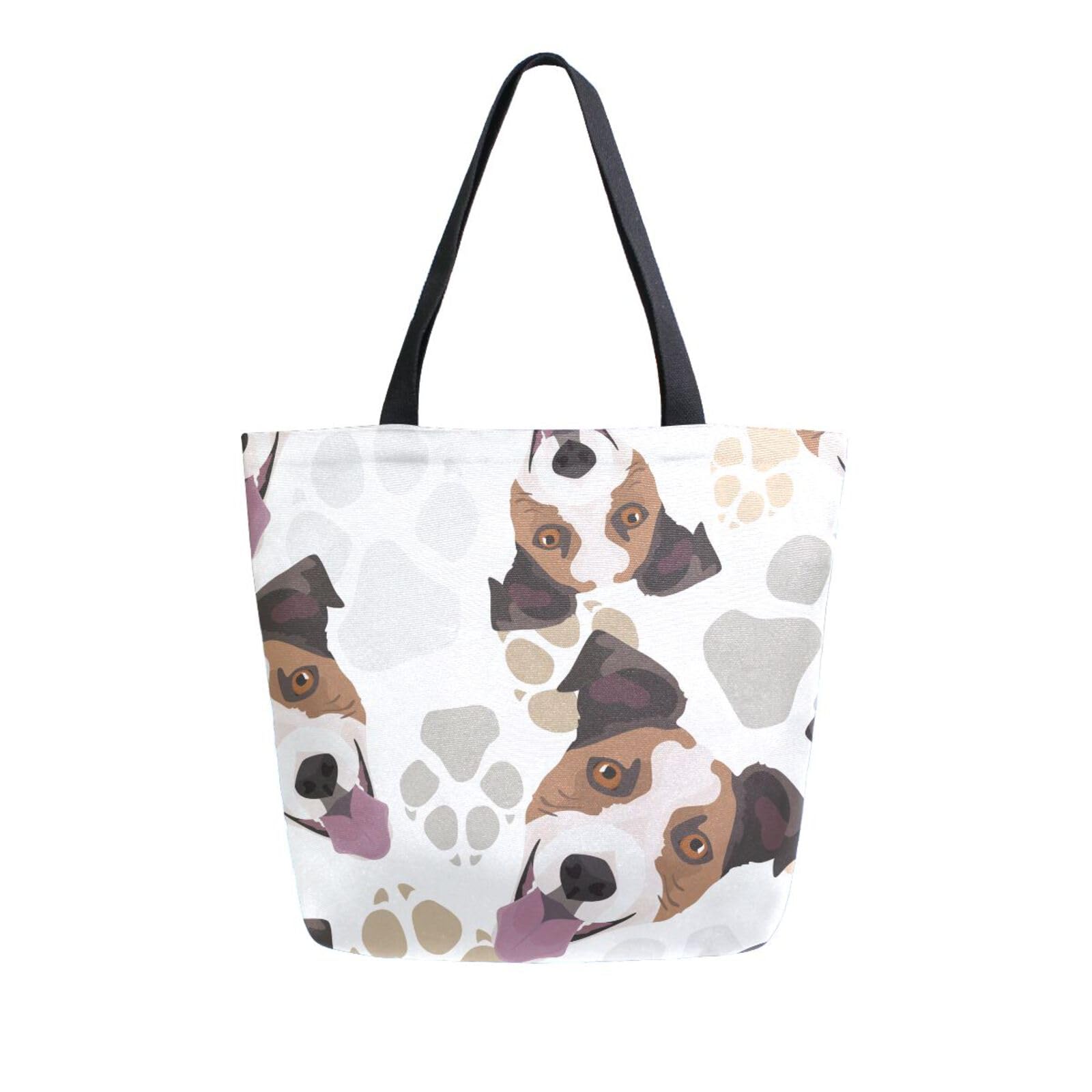 Mnsruu Dog Paws Jack Russell Terrier Canvas Tote Bag Women Large Shoulder Bag Reusable Grocery Shopping Bag Handbag Purse