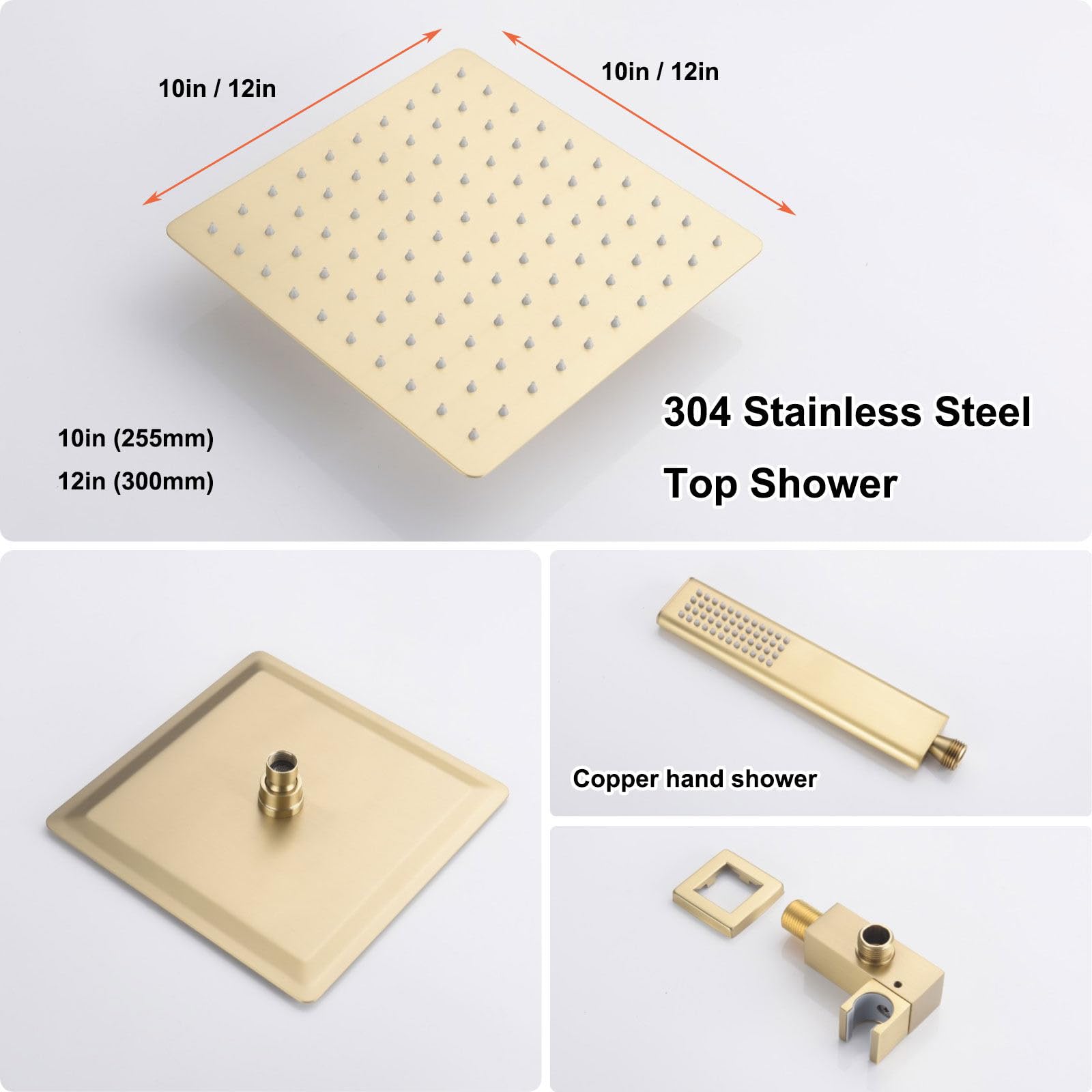 Duschsystem Unterputz, 10in/12in Gebürstetes Gold Duschset RSS0390, Quadrat Drehbarer Duschkopf aus Edelstahl 304, Handbrause aus Kupfer, Messingkörper, Duschamaturenset Regendusche