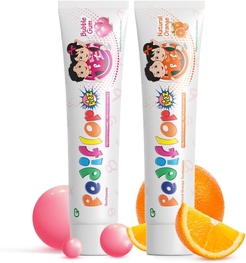 Kidz Anti-Cavity Protection Toothpaste Combo Pack of 2 (70g Each) | Doctor Recommended Kids Toothpaste with Bubblegum & Orange Flavors | Contains Fluoride & Xylitol for Children | Vegan
