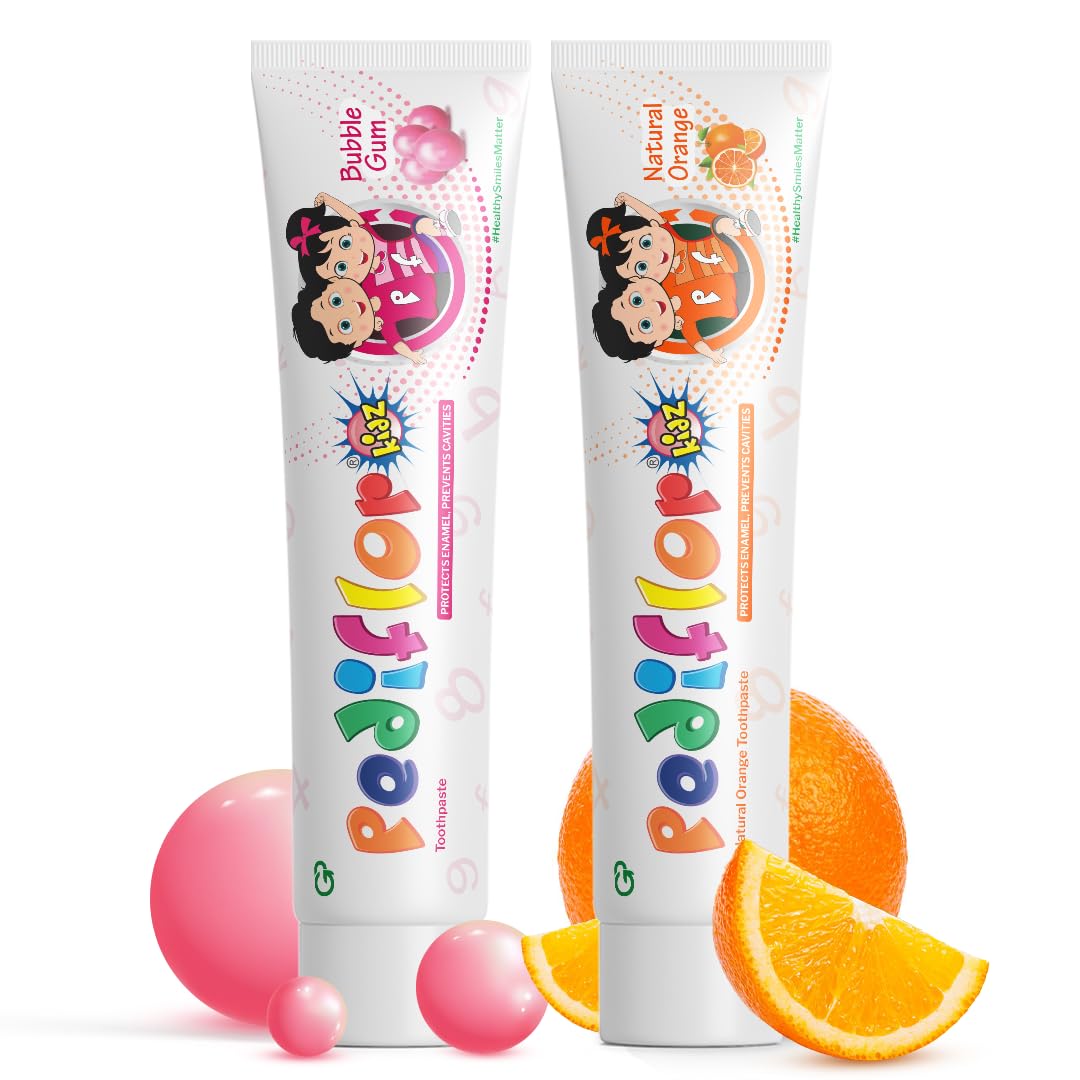 PEDIFLOR Kidz Anti-Cavity Protection Toothpaste Combo Pack of 2 (70g Each) | Doctor Recommended Kids Toothpaste with Bubblegum & Orange Flavors | Contains Fluoride & Xylitol for Children | Vegan
