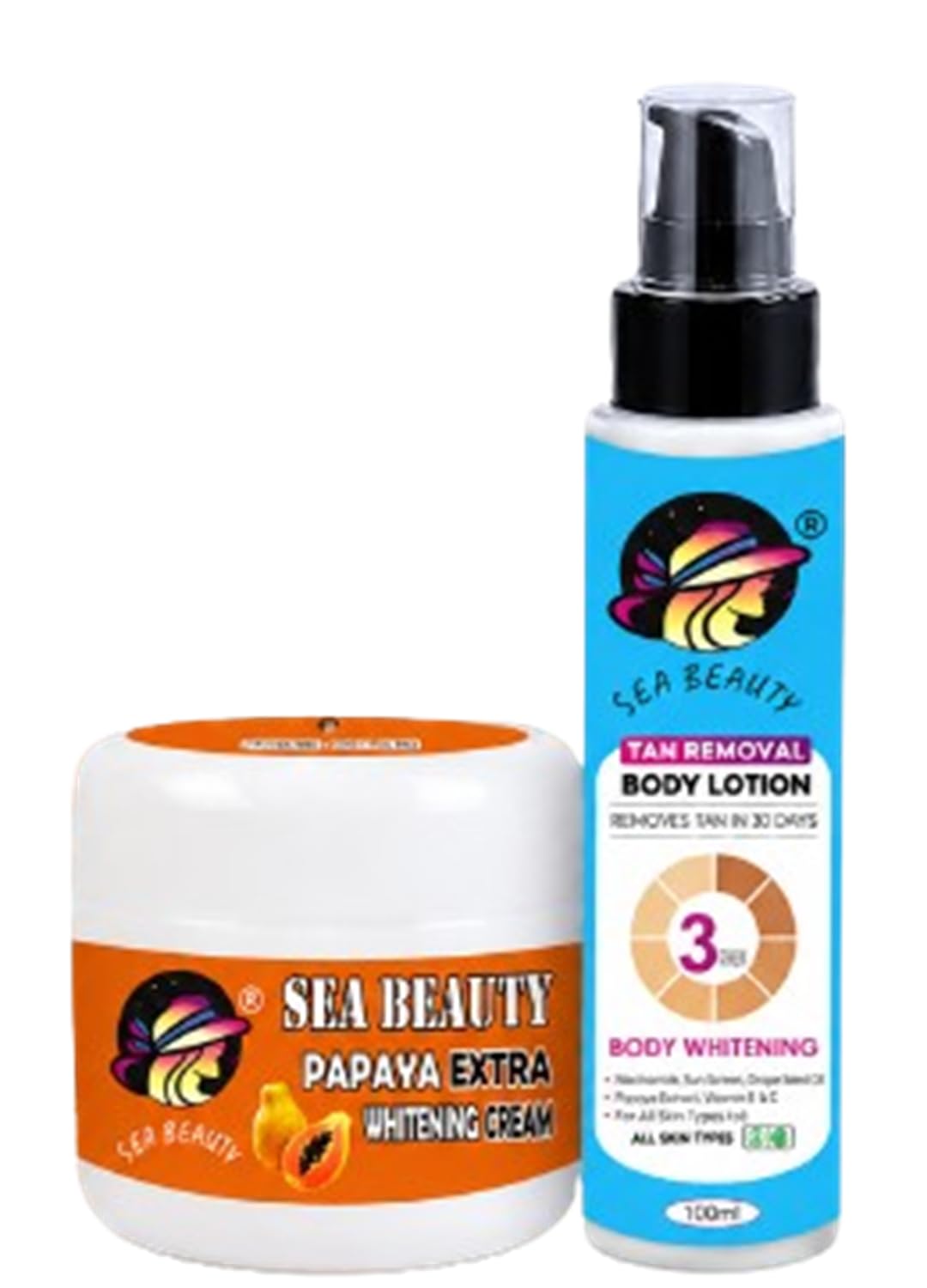 Sea Beauty Papaya Extra Whitening Cream and Tan Removal Body Lotion Combo, with Papaya Extract, Vitamin E and C, Niacinamide, for All Skin Types