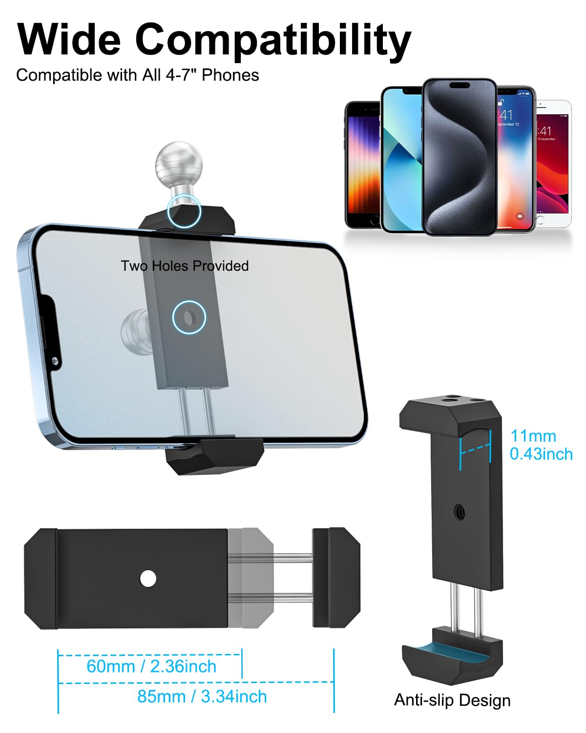 Soporte de metal para iPhone 16, 15, 14, 13, 12, 11 Pro Max, Android y todos los teléfonos inteligentes, soporte para teléfono celular de coche con brazo multifuncional ajustable de 360°, abrazadera