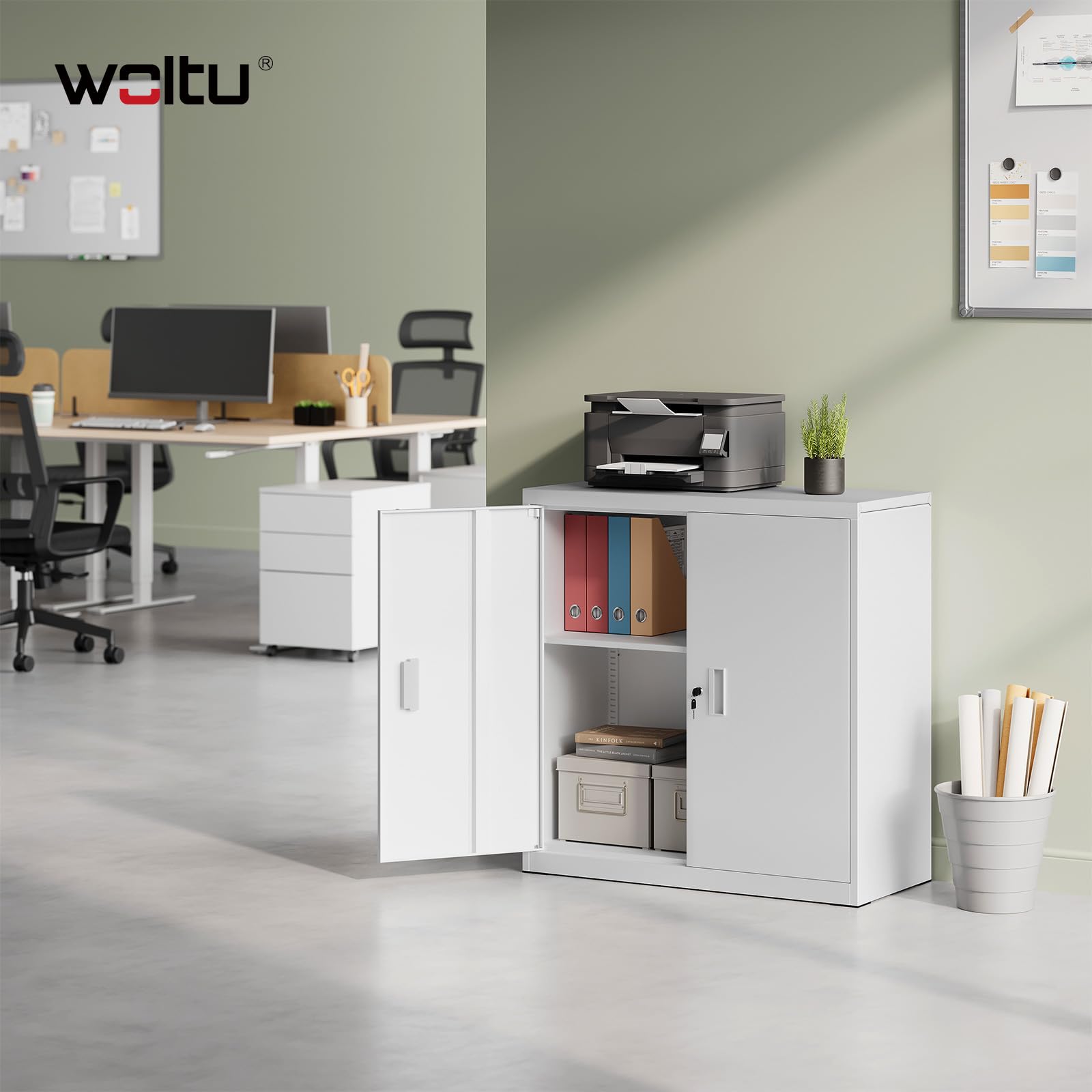 WOLTU Caisson Bureau, Armoire Bureau Métallique, Caisson de Rangement Verrouillable, avec Étagère Réglable, Meuble Rangement, Blanc