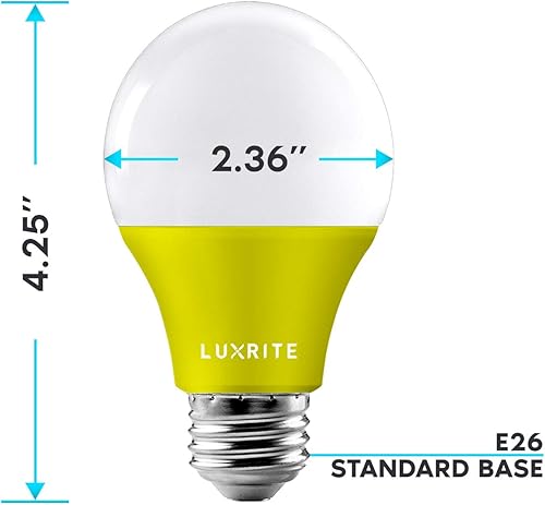 Miniatura 4 de LUXRITE Bombillas LED amarillas A19 para insectos, equivalente a 60 W, no regulables, certificación UL, base estándar E26, interior y exterior,