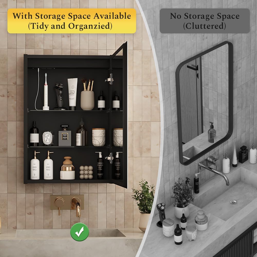 Spliceable Modular LED Lighted Bathroom Medicine Cabinet Mirror with Anti-Fog Aluminum Frame, Adjustable Lighting, Built-in Sockets & USB Ports – Wall Mounted (Right Hinge, 28" L x 20" W)