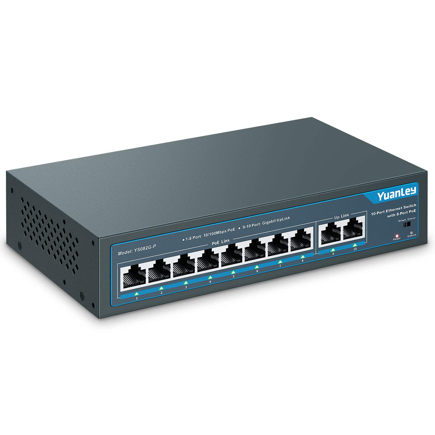 YuanLey10 Port PoE Switch, 8 PoE+ Port 100Mbps, 2 Gigabit Uplink, 120W 802.3af/at, Extend Function, Metal, Fanless, Plug and Play