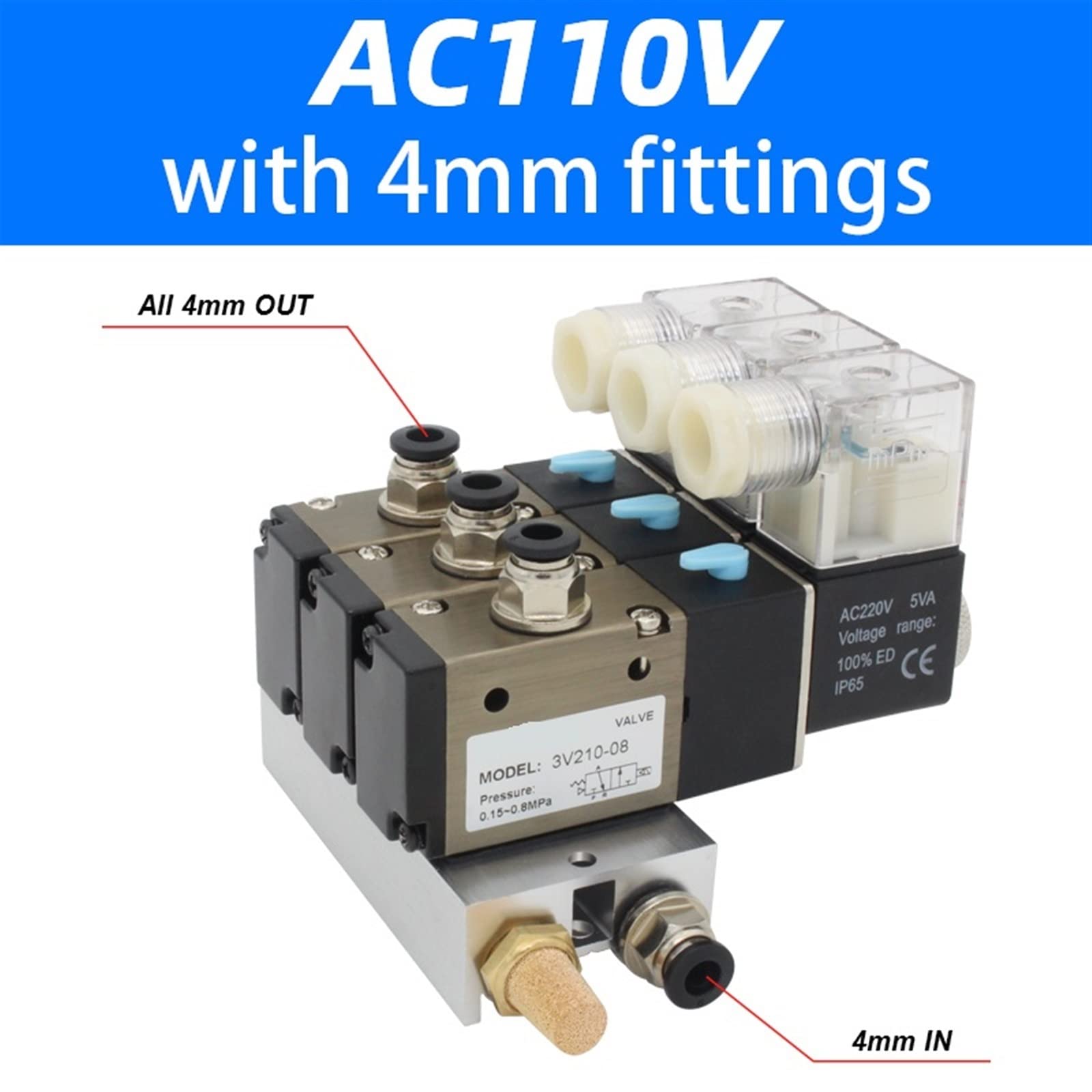Bloque de electroválvula electromagnética 3V210-08-NC, Normalmente Cerrado, con silenciador, Base de colector, 12 V CC, 24 V CA, 110 V CA, 220 V, 3 Puertos, 1 Unidad | AC110V 4mm fittings,2 Stations