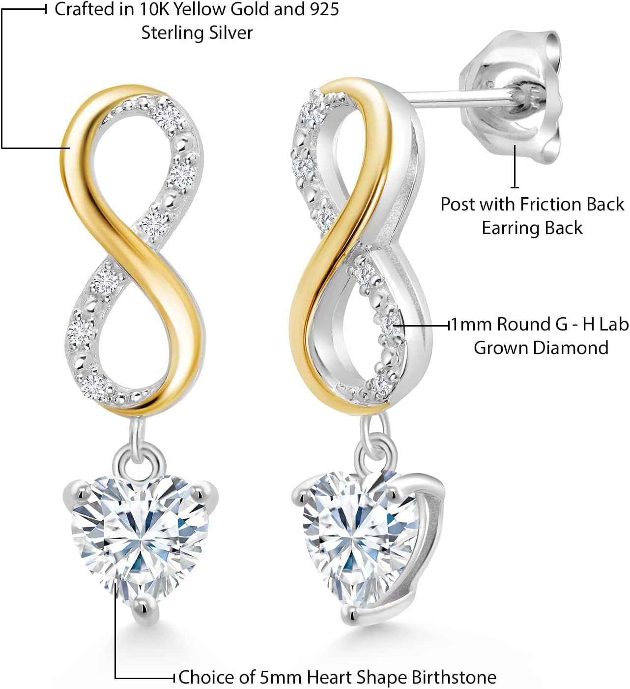 Gem Stone King Keren Hanan 925 Silver and 10K Yellow Gold Lab Grown Diamond Infinity Dangle Earrings Set with Build Your Own Personalized 5mm Heart Shape Birthstones