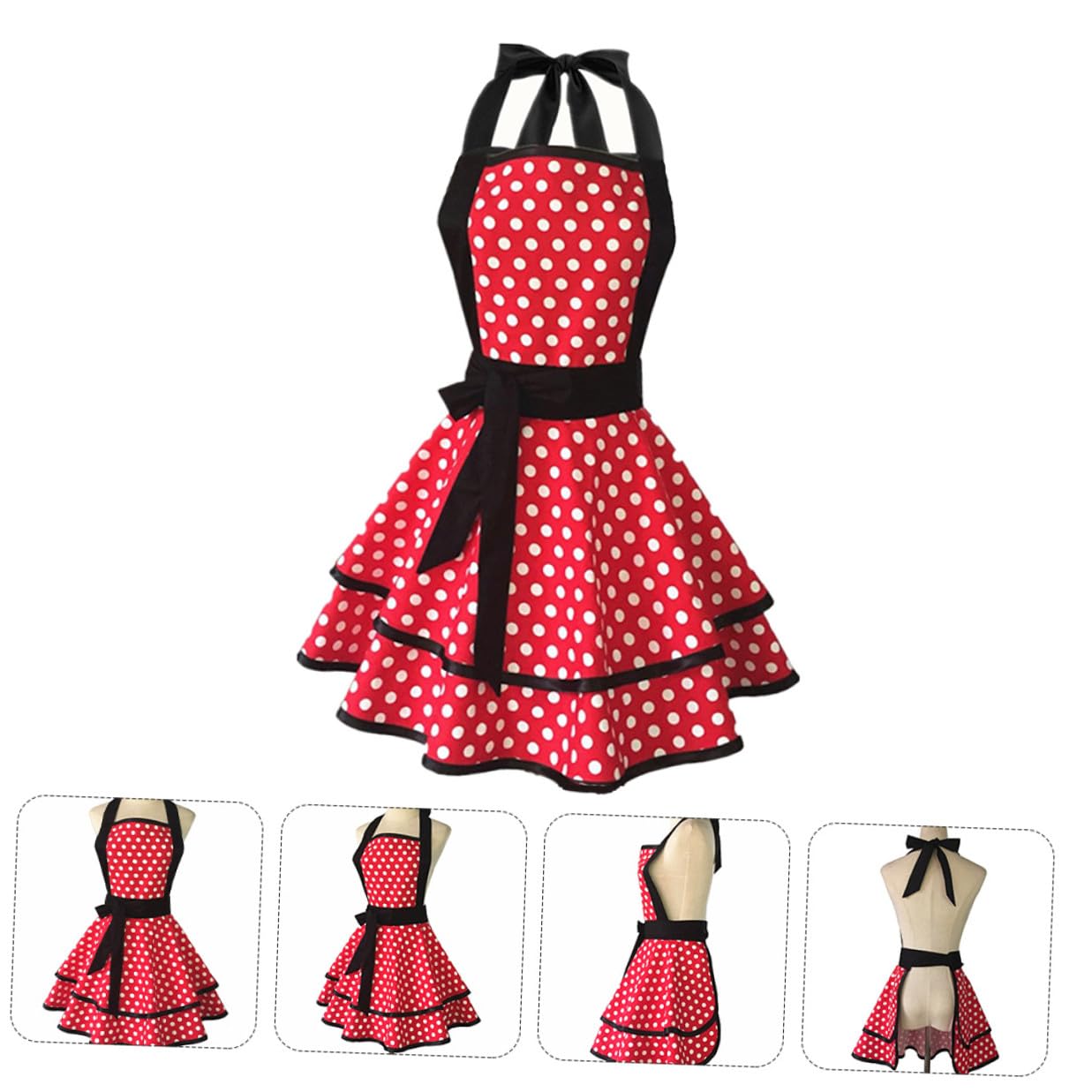 NUOBESTY Grembiule da Cucina in Cotone a Doppio Strato Motivo a Pois Grembiule da Lavoro per Donna per Uso Domestico Ristorazione e Pulizia