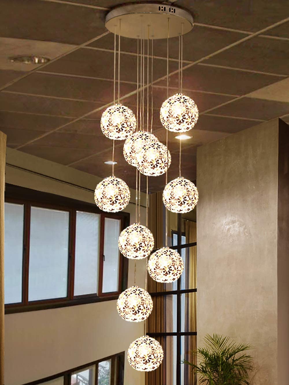 LYMSXAZOU Multi Lights Duplex Hollow Living Room Loft Chandelier Multi-Balls Minimalist Staircase Long Modern Creative Hotel Villa Stairwell High Ceiling Pendant Light Metal Crystal Lampsha Made in