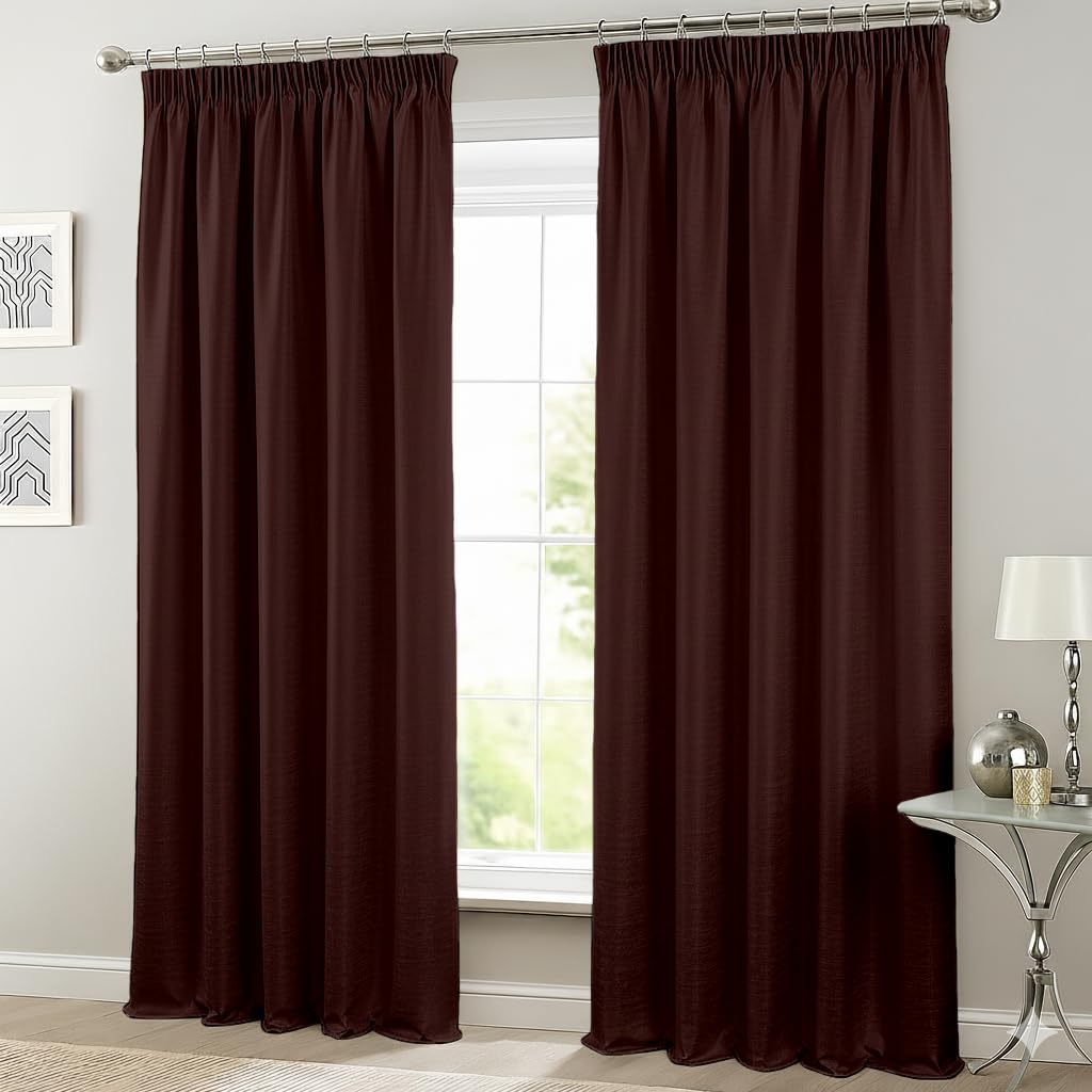 Faux Silk Pencil Pleat Curtains – Fully Lined Tape Top Plain Curtains with Tie Backs, 2 Panel Set, Hotel Quality Window Drapes for Bedroom, Living Room & Kitchen (Chocolate, 66 x 54 inch)
