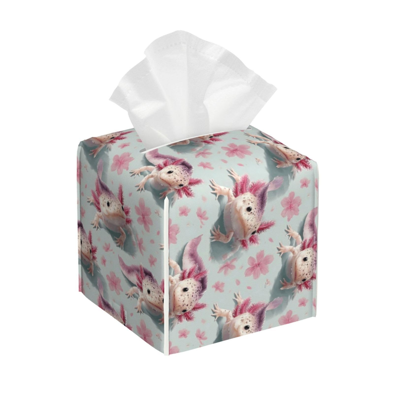 Fantasy Pink Axolotl Flower Print Tissue Box Cover Holder Square, Foldable Modern Cube Tissue Box Cover, Leather Decorative Organizer for Tabletop Bathroom Car Office Desk Decor