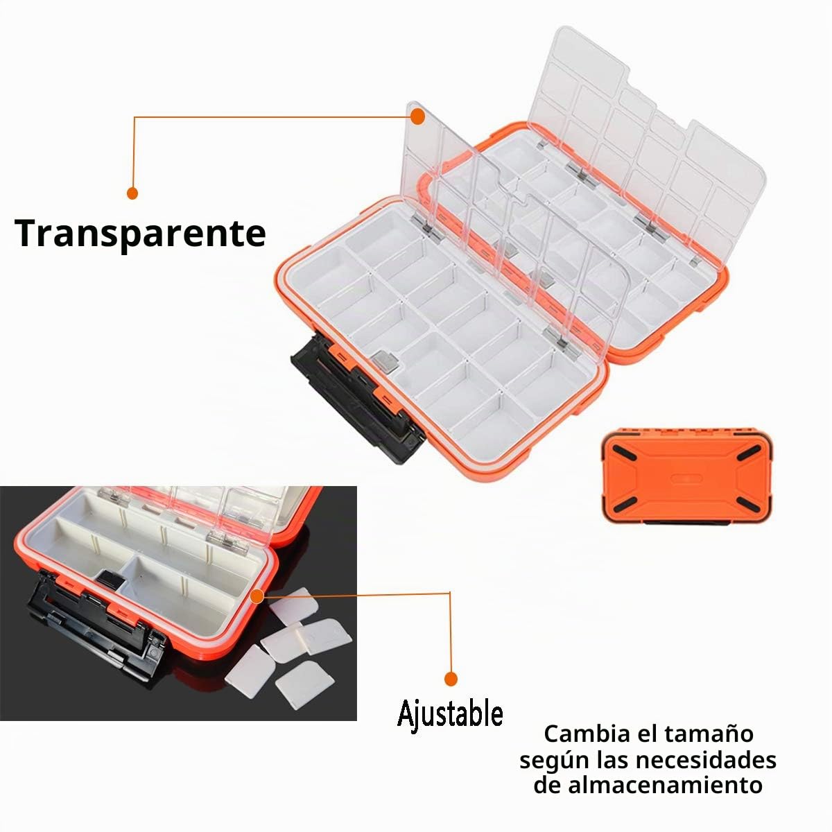 Caja para Aparejos Pesca,RoadLoo Plástico Caja Pesca con Transparente Compartimentos con Divisores Ajustables Fishing Tackle Box para Señuelos de Pesca Nadadores Pequeños Accesorios de Pesca (Naranja)
