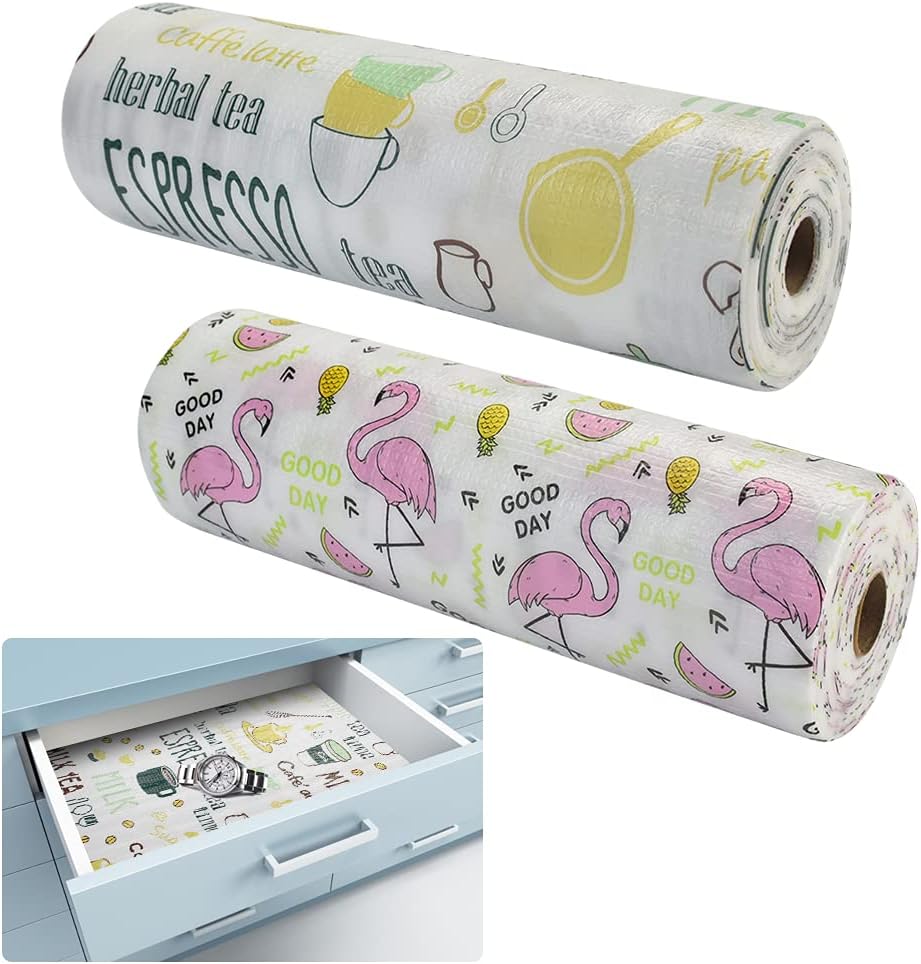 DECARETADrawer Liner 2 Roll Shelf Drawer Liners Cupboard Liners Kitchen Cabinet Liners,Non-Slip Waterproof Kitchen Shelf Lining Paper Shelf Paper Protector for Drawer Table Kitchen Cabinets Pantry