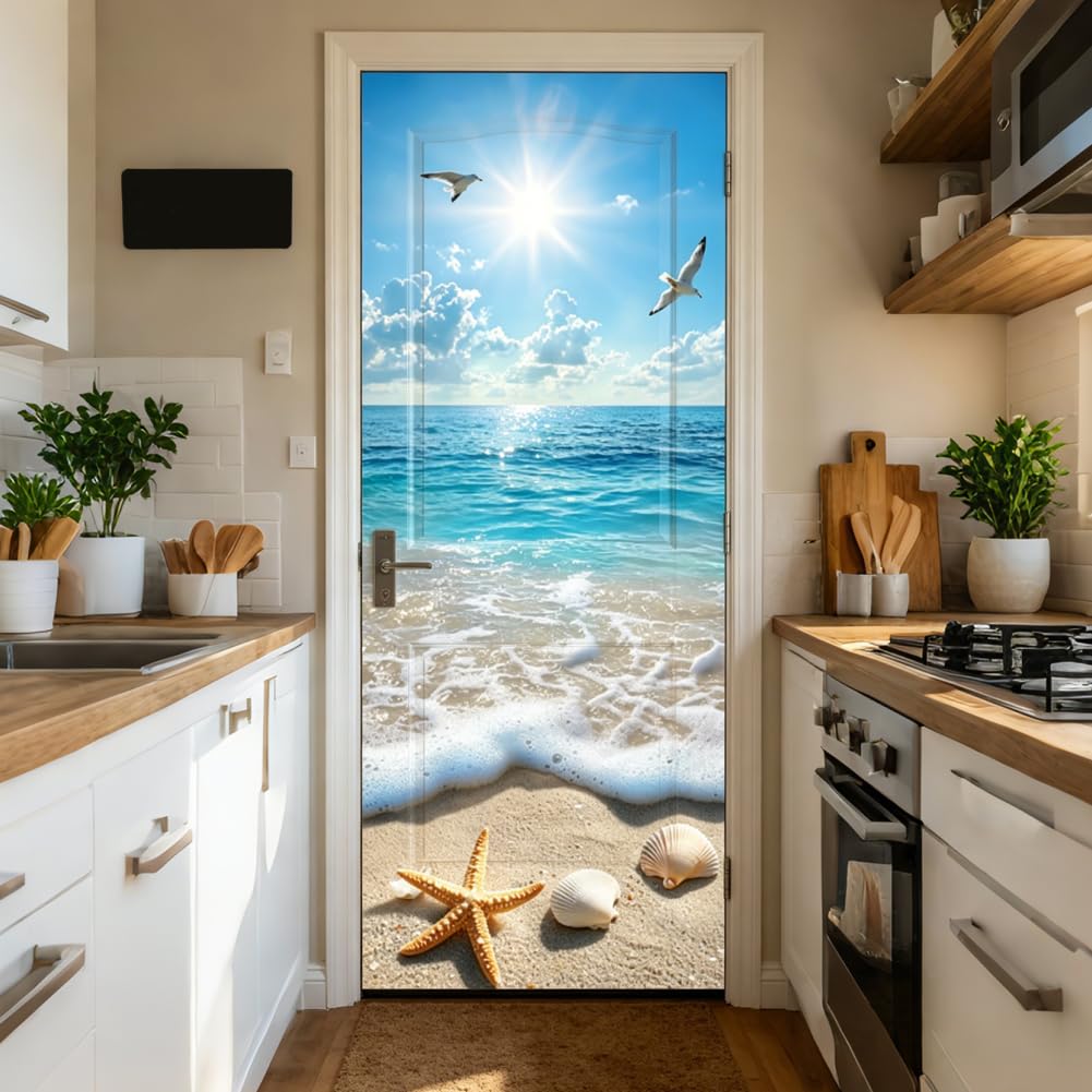 2 fogli Adesivi per Porta Frigorifero Tema Spiaggia Oceano Decorazione Murale Rimovibile Adesivo per Porta Frigorifero Modello Stella di Mare 3D per Casa Cucina Bar