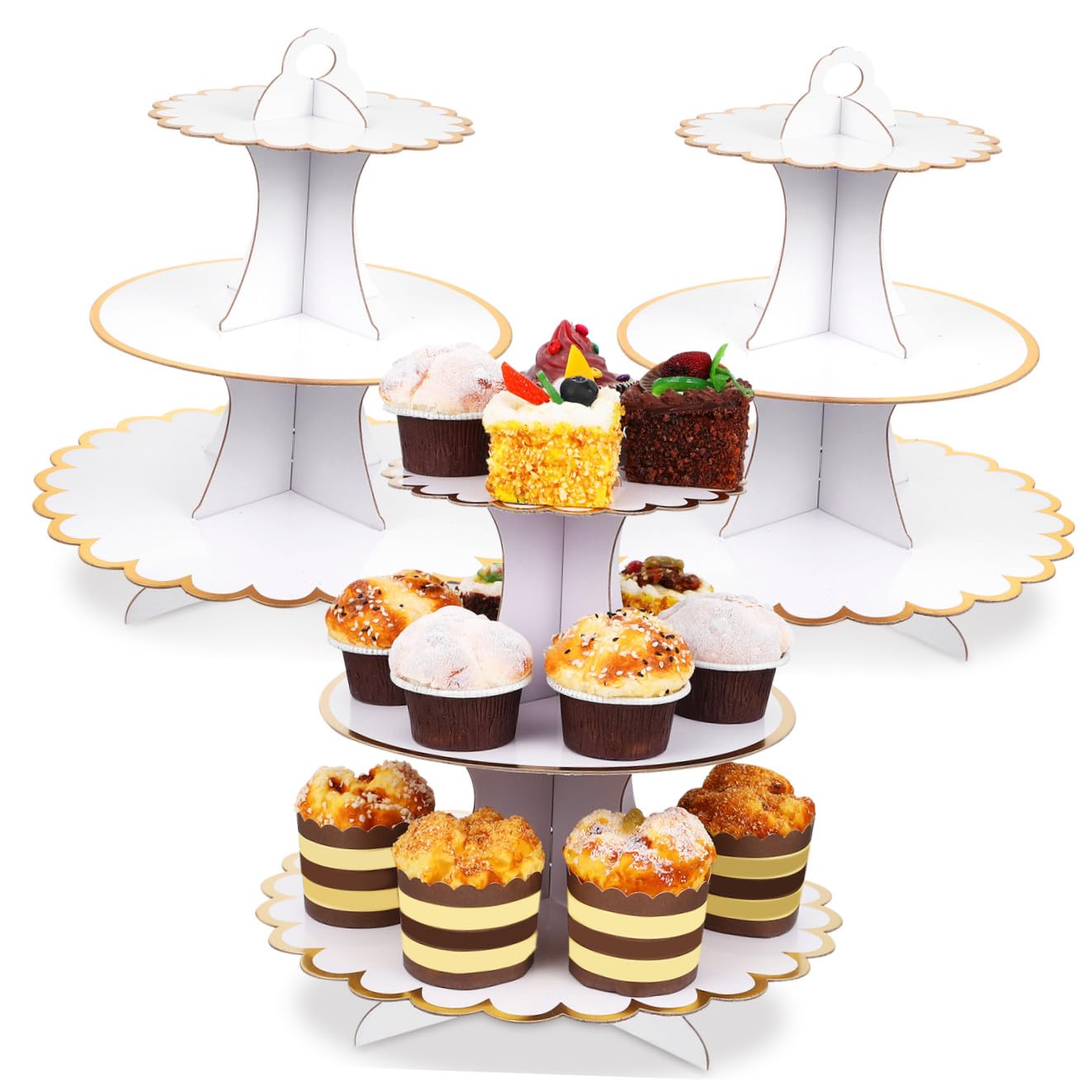 Alipis Soporte para Cupcakes de 3 Niveles Blanco de Cartón, 3 Piezas | Discos Redondos y Soporte Central Firme, para Bodas y Fiestas, Estructura Estable