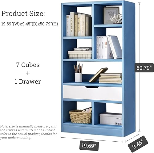 Miniatura 3 de IOTXY - Estantería de madera con espacios abiertos, 51" de altura, organizador de almacenamiento con 7 cubos y un cajón, estante de piso, color azul