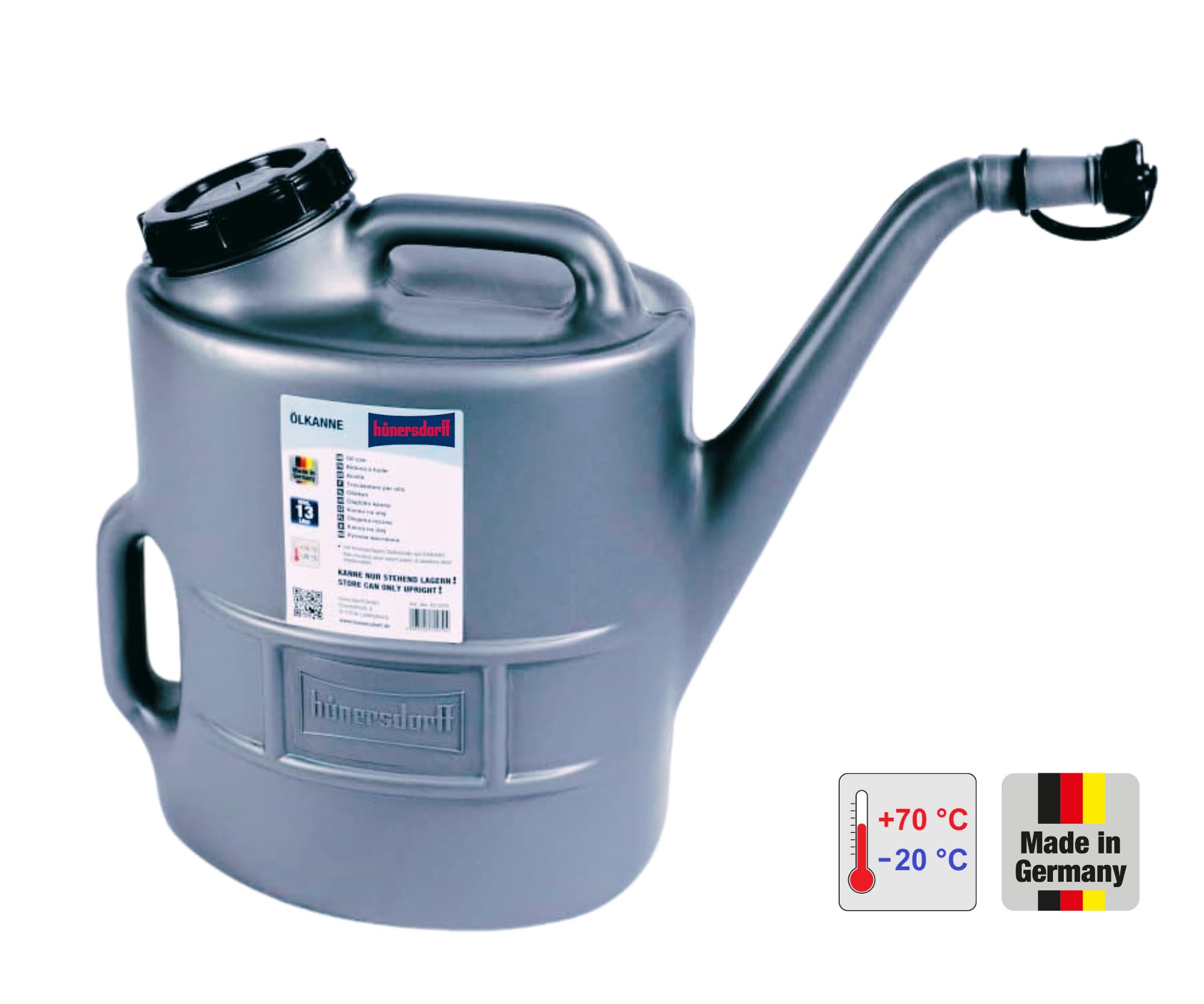 hünersdorff 821210 Ölkanne Bidon d'huile avec Tamis | Résistant aux Produits Chimiques en polyéthylène Haute densité verrouillable 2 poignées Idéal pour chaufferie ou Atelier 13 l, Gris argenté