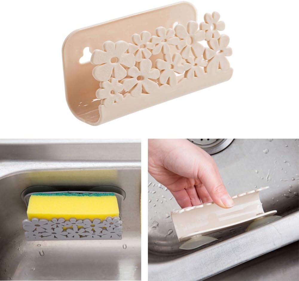 2Pcs Sponges Holder Rack Kitchen Sink Organizer Caddy - Plastic Storage Basket Holder for Sponges, Soaps, Scrubbers (Gray & Beige) image 3