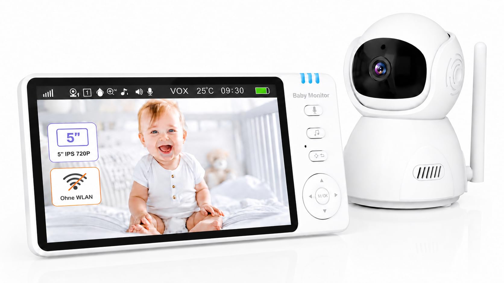 BURNNOVE Babyphone mit Kamera ohne WLAN, 5 Zoll IPS 720P Video Babyphone, Baby Monitor mit Nachtsicht, VOX Modus, 355° Schwenkbar, 4X Zoom, 2-Wege-Audio, Temperaturanzeige, 3500mAh Akku