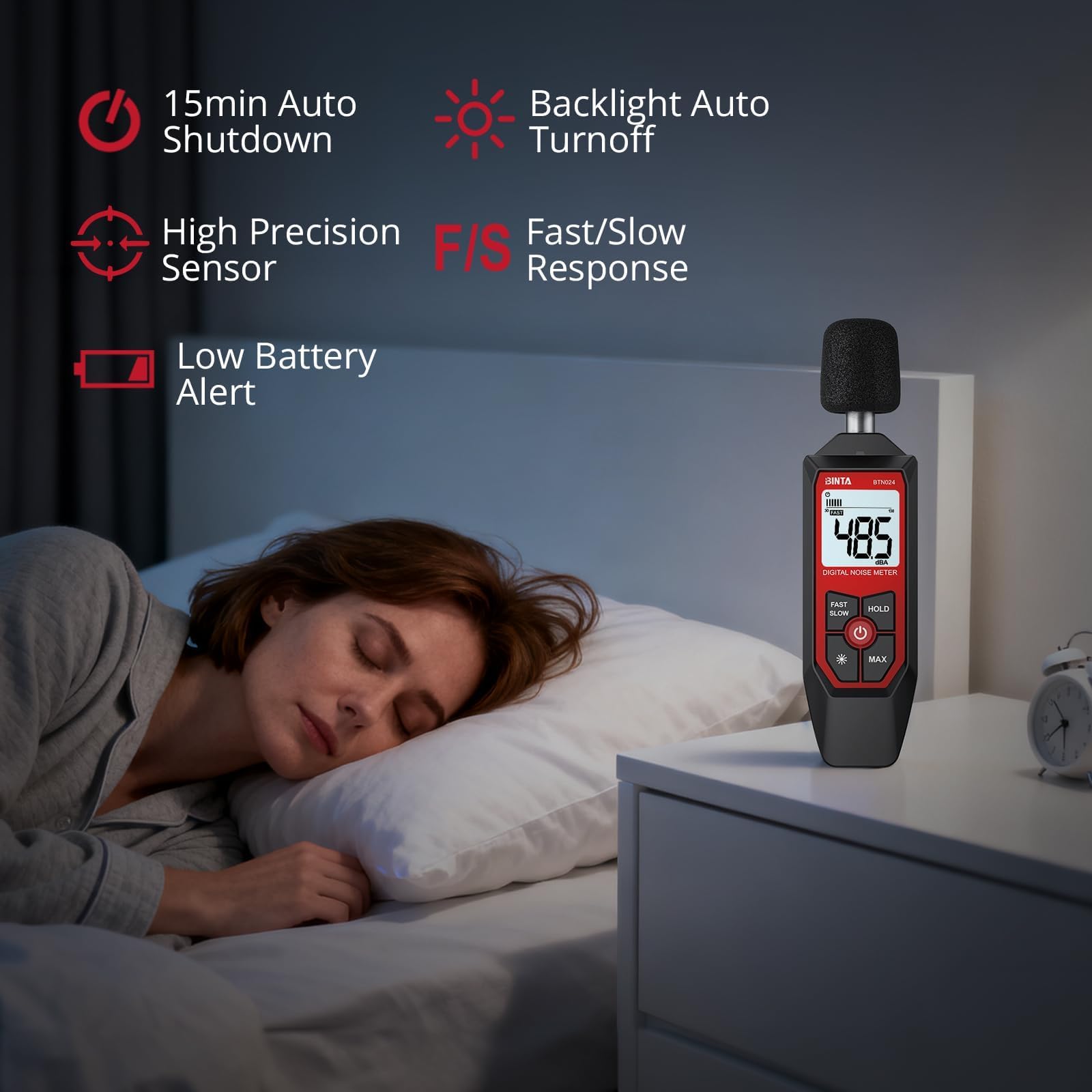 BTNTA Medidor de Decibelios, Medidor Digital de Nivel de Sonido 30-130dB A-Ponderado, Medidor SPL Portátil con Pantalla LCD Retroiluminada, para Casa Oficina Fábrica Vecinos