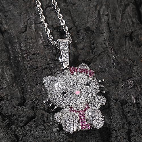 Sparkly Blingy 24-inch Rope Chain Iced-Out Cute Lovely Kitten Charm Pendant Necklace2