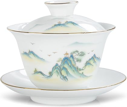 Fashion & Lifestyle Jingdezhen Chinese Traditional Teaware Gaiwan 5oz/150ml Large Gaiwan, Porcelain Kung Fu Tea Cup and Saucer with Lid, Handmade Ceramic Teacups Sancai Tea Bowl Set