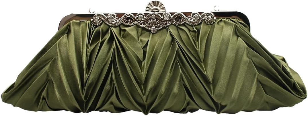 Women Pleated Satin Clutch Bride Purse Elegant Rhinestone Evening Bag Banquet Party Handbag
