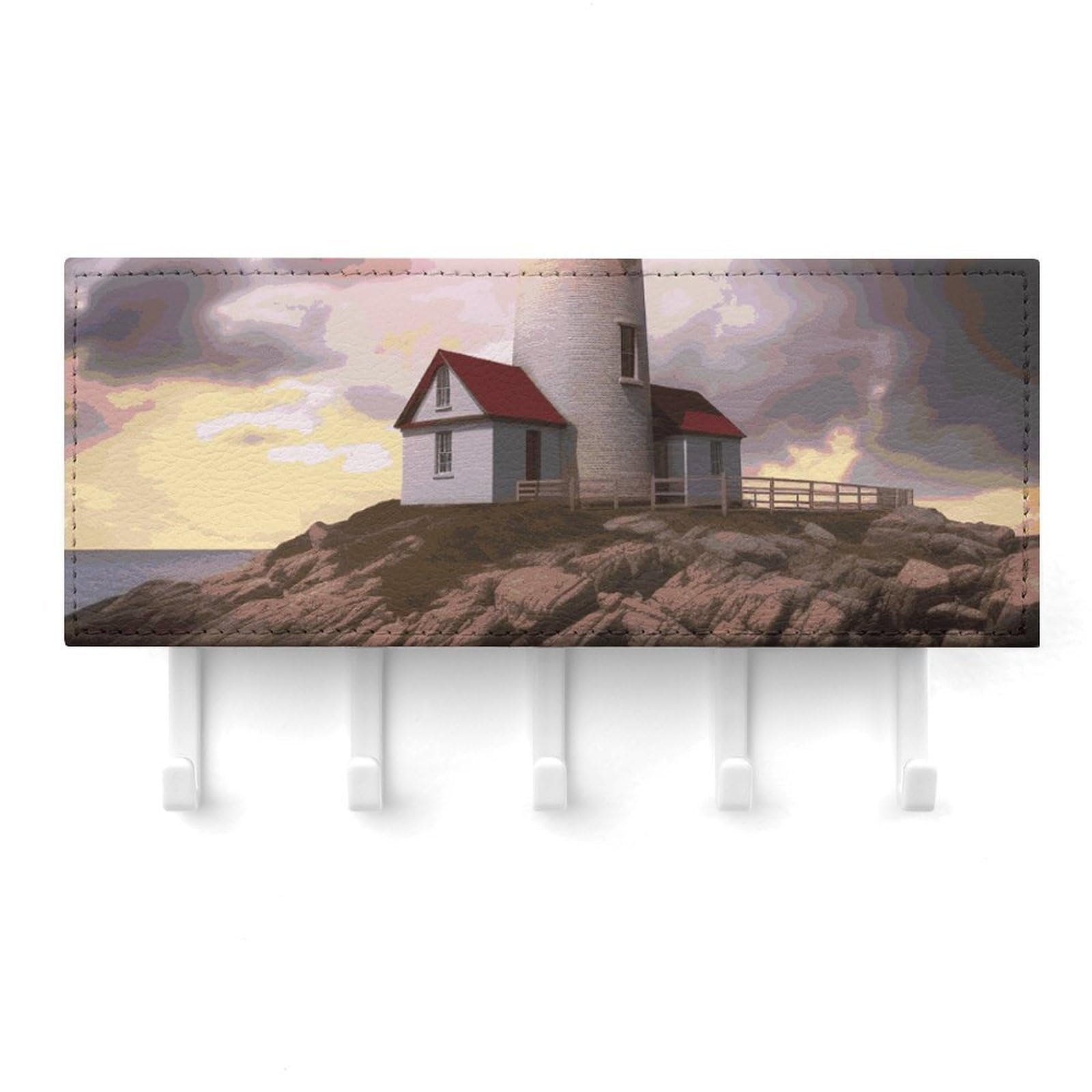 Fekiloot White Lighthouse Key Holder For Wall Adhesive, No Drilling, Key Hooks With 5 Hooks Wall Mounted, Self Adhesive Keys Rack For Entryway, Hallway, Living Room, Kitchen, Office