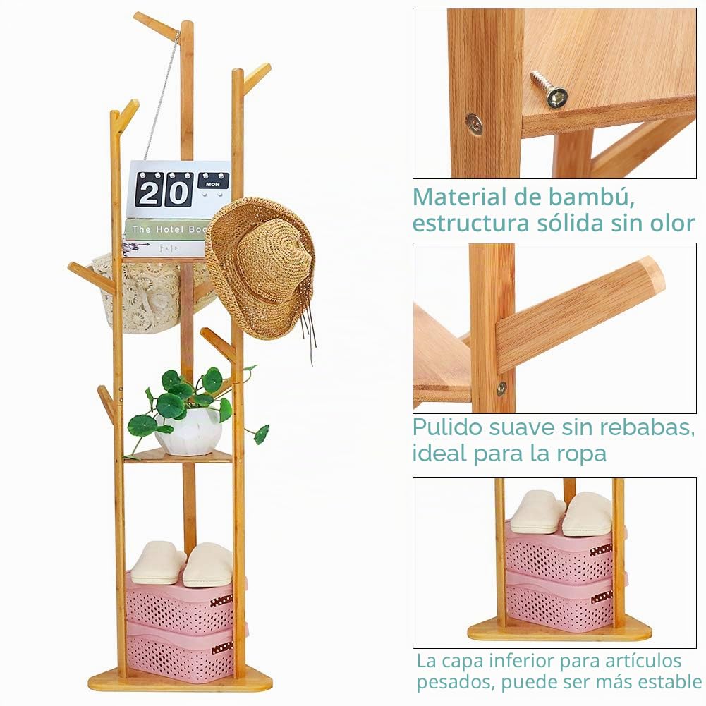 unho Perchero de Pie Madera de Recibidor: Perchero Ropa Original Bambu Colgador Ropa de Arbol con 9 Ganchos 3 Estantes para Entrada Dormitorio Habitacion Pasillo
