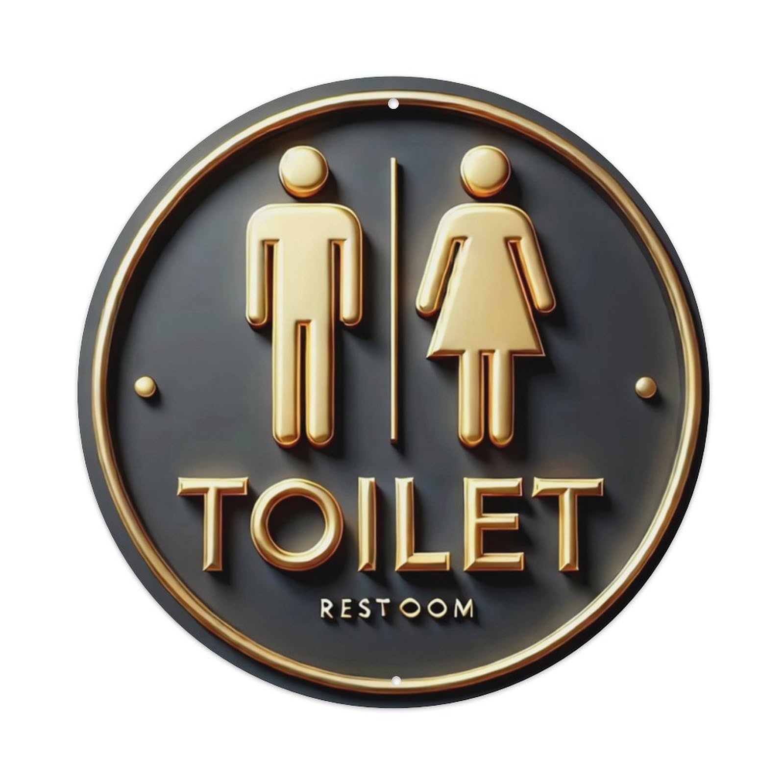 Modern Toilet Restroom Round Sign with Gold 3D Effect Vintage Aluminium Metal Sign, Retro Wall Decor for Home, Bar, Garage & Farmhouse 20x20cm