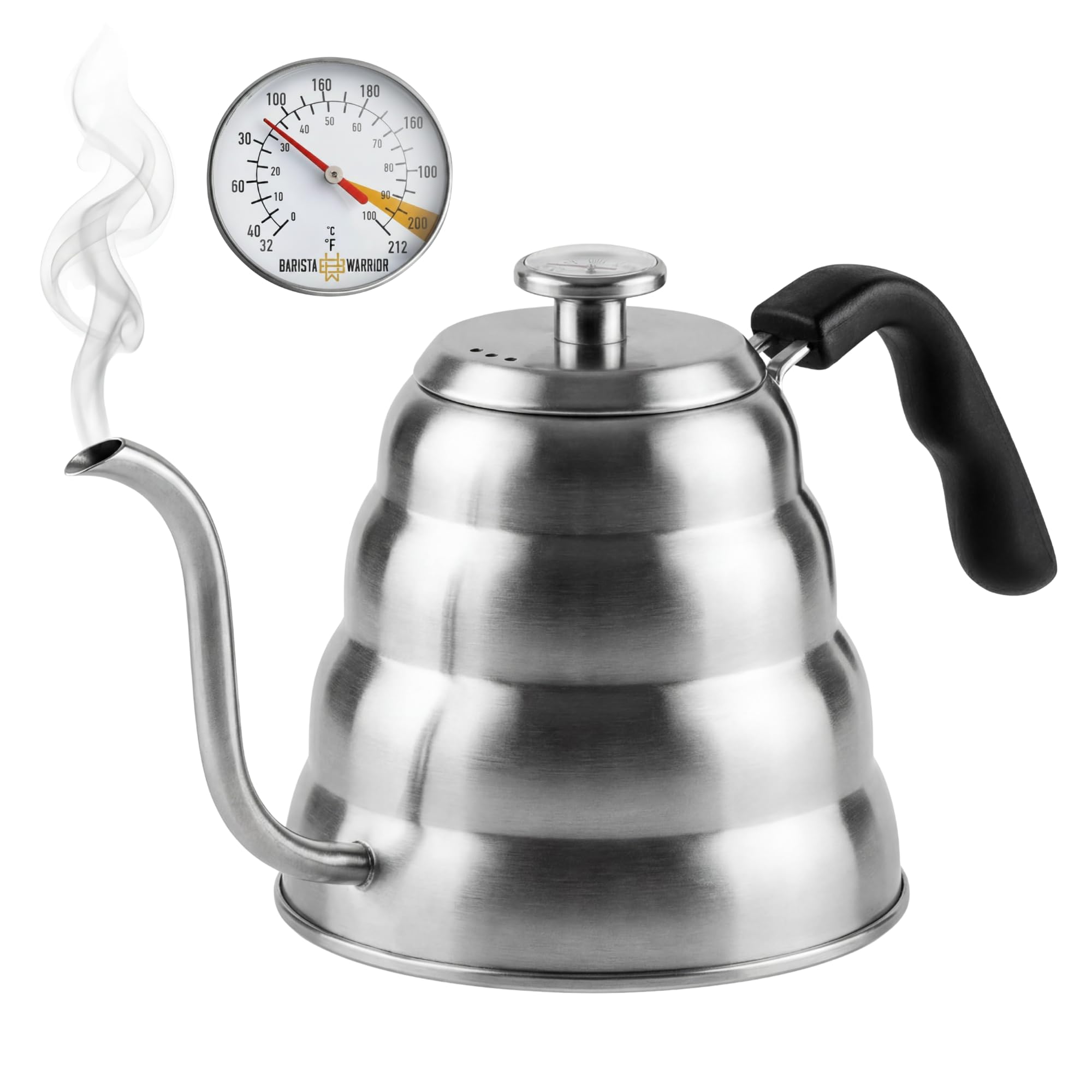 Gooseneck Kettle for Pour Over Coffee and Tea with Thermometer for Exact Temperature, Precision Pour Drip Spout, Stainless Steel, Compatible with all Stove Tops (1.2 Liter, 40 fl oz)