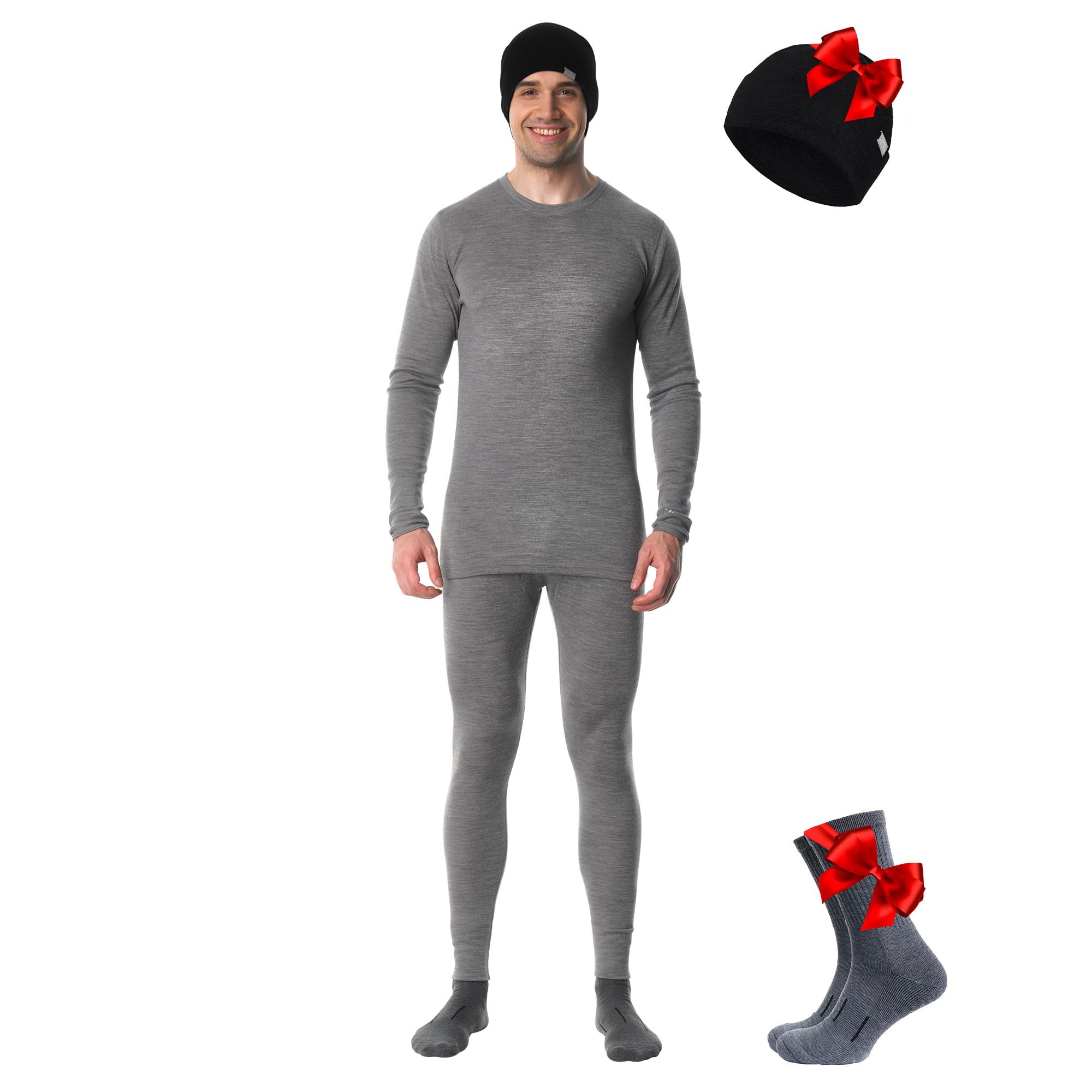 Merino.tech Conjunto Lana Merino Hombre - 100% Lana Merino con Calcetines (X-Large, Heather Grey)