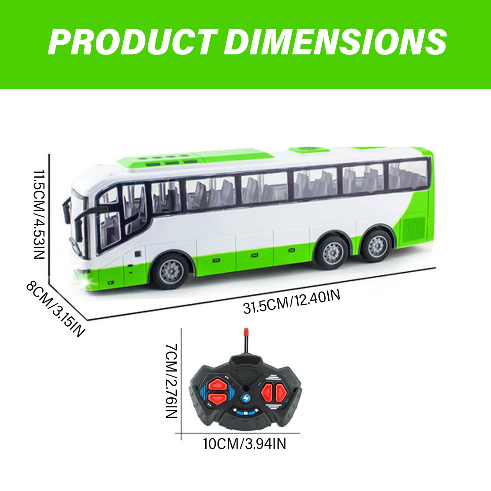 Toy Bus, 12.4x3.2x4.5 pulgadas Juguete de autobús inalámbrico eléctrico, simulador de turismo realista a escala 1:30, control remoto divertido, regalo creativo para niños, sin batería, verde.