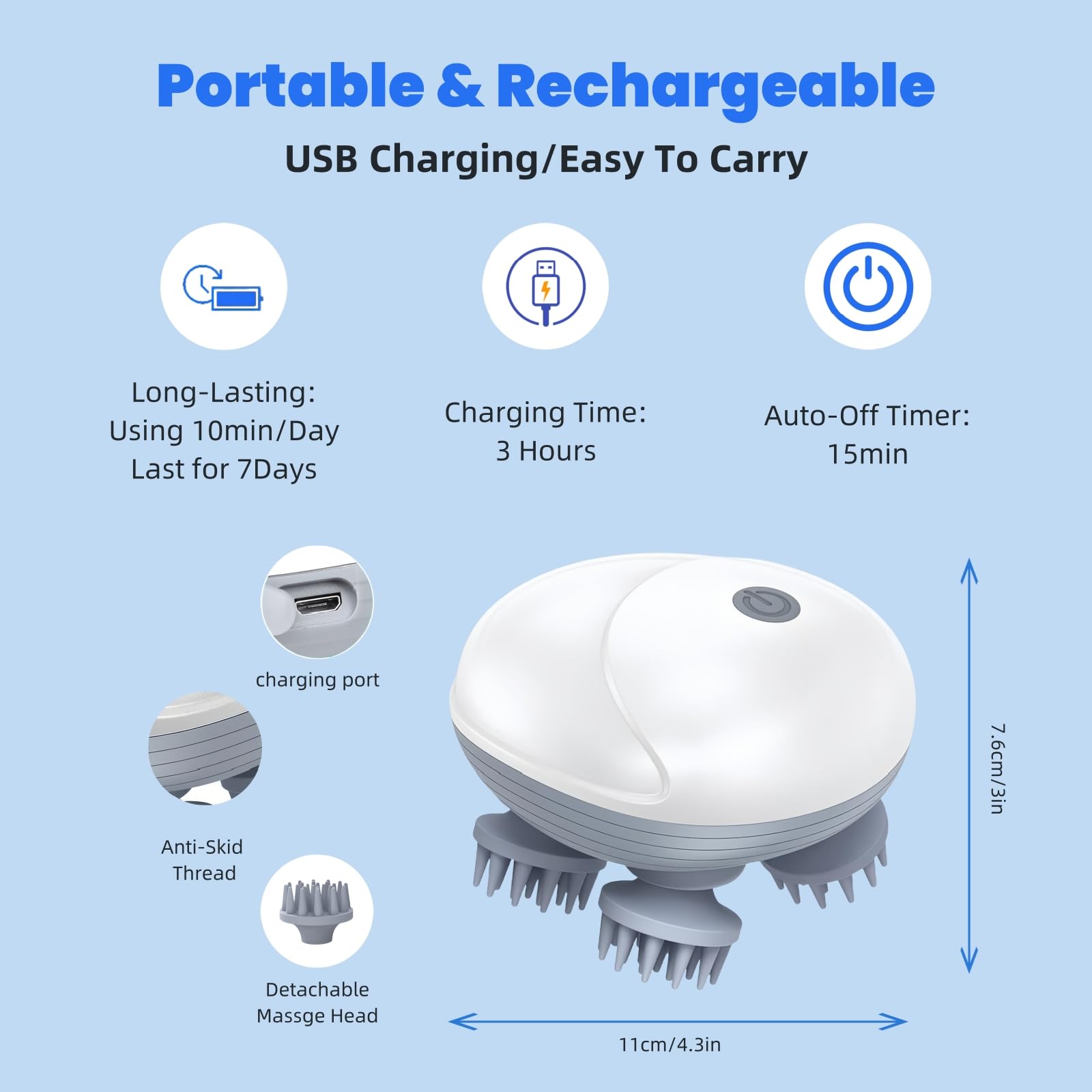 Masajeador eléctrico mejorado del cuero cabelludo para hombres y mujeres, masajeador de cabeza de perro y gato de mano con 4 cabezales de masaje, 3 velocidades, masajeador impermeable para