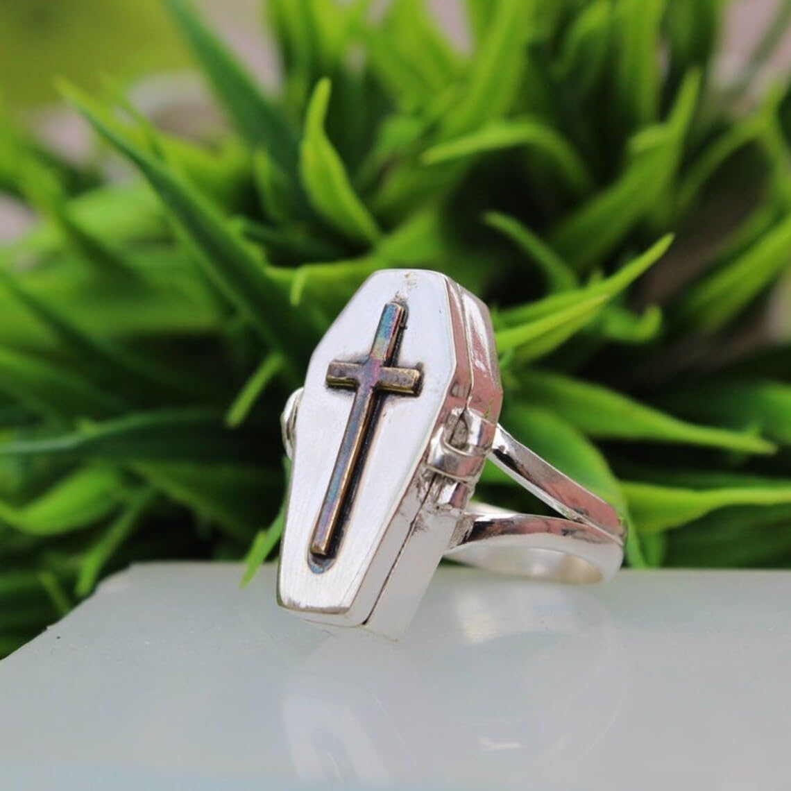 Coffin Shape Ring, Silver Plated Ring, Cross symbol ringm Coffin Box Ring, Fashion Ring, Storage Box Ring, Perfume Box Ring, Hallowwen Ring, Openable Ring