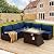 NICESOUL 6 Piece L-Shaped Outdoor Couch with Fireplace Natural Gas/Propane, 29.3'' High Back Wide Seat Patio Conversations for Outside, Oversized Sectional Furniture Set, 2 Color Cushion Navy & Beige