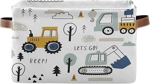 Cute Cars Truck Tractor Large Storage Basket Crane Bulldozer Excavator Nursery Bins Collapsible Clothes Laundry Hamper with Handles for Home Living