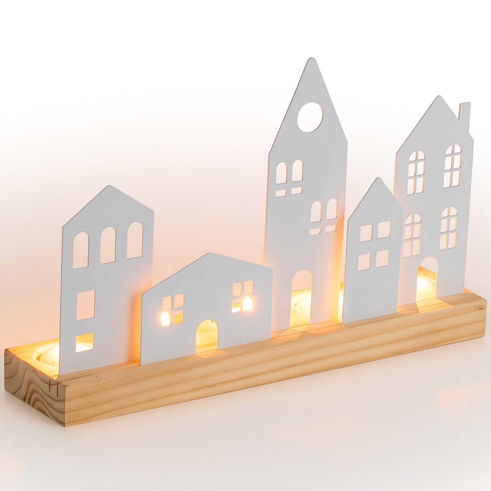 Sziqiqi Portavelas Casa para Navidad: Candelabros de Madera con 5 Casitas de Metal - Set de Portacandelitas Decorativo de Aldea Navideña para Salón Estantería Chimenea Adorno Interior